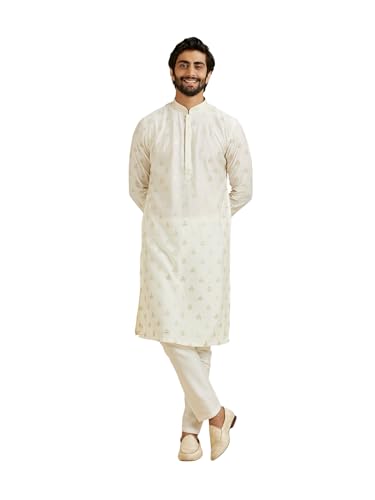 Manyavar Men's Viscose Blend Golden Threadwork Kurta Pyjama Set(Warm White,M)