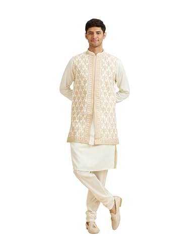 Manyavar Men's Art Silk Gold Thread Embroidered Kurta Jacket Churidar Set(Beige,L)