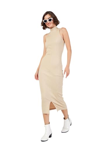 SASSAFRAS Women Beige Rib Turtle Neck Sleeveless Midi Dress -S