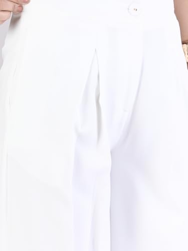 Powersutra Women High Rise White Trouser Pants | Solid | Formal Office Wear | High Waist | Pleated | Straight Fit | Side Pockets, Medium