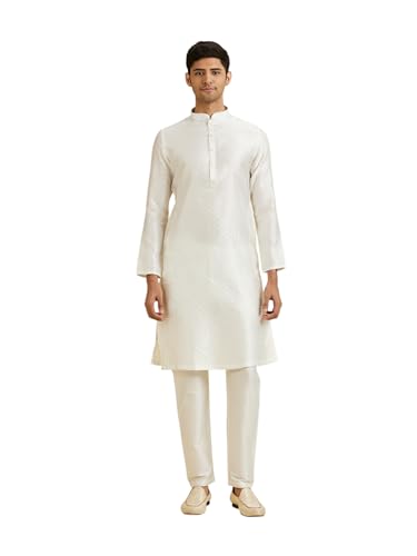 Manyavar Men's Art Silk Self-Textured Kurta Pyjama Set(White,XXXL)