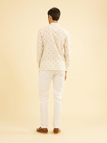 Manyavar Men's Cotton Blend Buta Motifs Printed Short Kurta (Beige,L)