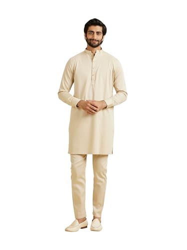 Manyavar Men's Cotton Solid Kurta Set (Natural,S)