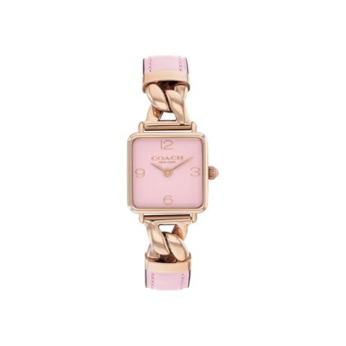 Coach Cass Qtz Basic Slim Blush Square Dial Women's Watch|Ionic Plated Carnation Gold Steel & Blush Calfskin Material|Gold Color Band - 14504357