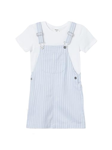 Max Girls Striped Pinafore Dress with T-Shirt (Blue_10-12 Y)