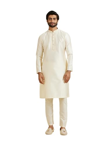 Manyavar Men's Art Silk Self-Textured Kurta Pyjama Set(Cream,XXL)