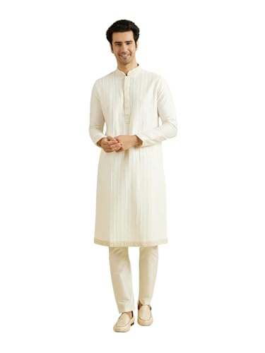 Manyavar Men's Viscose Blend Self Design Kurta Pyjama Set (Warm White,XXL)