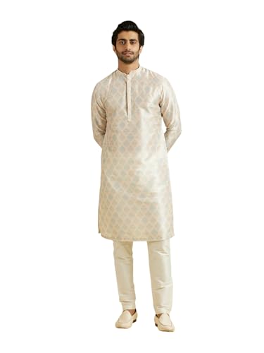 Manyavar Men's Art Silk Digital Print Kurta Pyjama Set (Peach,M)