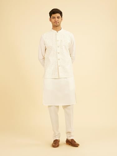 Manyavar Men's Art Silk Embroidery|Sequin Work Kurta Jacket Set (Warm White,XL)