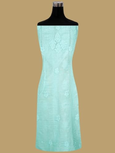 Ada Hand Embroidered Lucknowi Chikankari Unstitched Chanderi Dress Material Suit Piece with Dupatta for Women with Pearl Work 01A937473 Light Turquoise