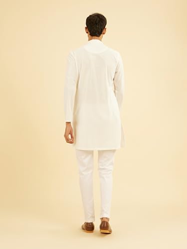 Manyavar Men's Knit Self Design Buttoned Mid Length Kurta(White,M)