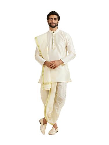 Manyavar Men's Art Silk Neckline Emboridery Kurta Pancha Dupatta Set(White,XXXL)