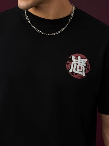 The Souled Store Kung Fu Panda: Glow Po Men and Boys Short Sleeves Round Neck Black Graphic Printed Dragon Graphic Casual Drop Shoulder Cotton Oversized T-Shirt