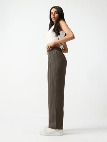 The Souled Store Pleated Trousers: Taupe Women and Girls Solid Viscose Blend Straight Fit Mid Rise Wide Leg Pleated Front Elastic Back Pants