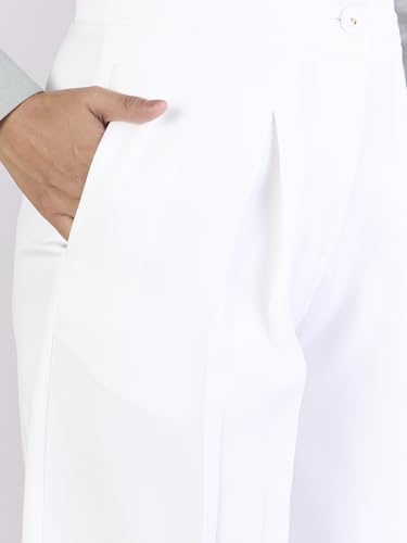 Powersutra Women High Rise White Trouser Pants | Solid | Formal Office Wear | High Waist | Pleated | Straight Fit | Side Pockets, Medium