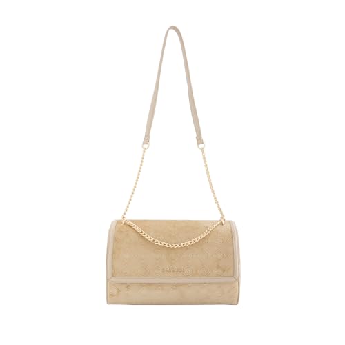 Caprese Katherine Large Monogram Velvet Sling Bag for Women | Premium Multi-Compartment Shoulder Handbag with Adjustable Strap & Zipper Closure | Perfect for Party & Travel (Alpine Oat)