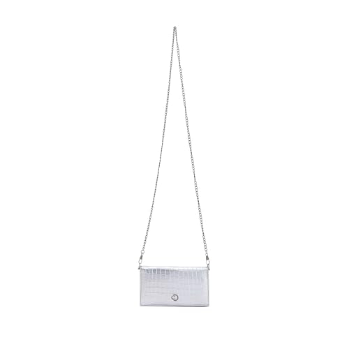Caprese Vega Textured Flap Wallet Convertible Sling for Women | 2-in-1 Handheld Clutch & Shoulder Bag with Detachable Gold Chain | Premium Designer Mobile & Cash Sling with Magnet Snap (Silver)