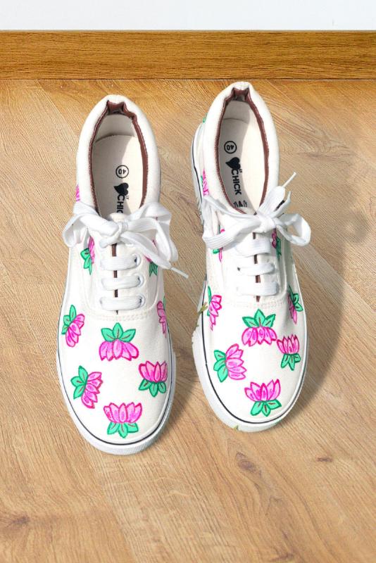Lotus Penned Hand Printed Shoe - SaumyasStore