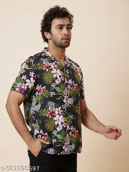 Globus Men Black Floral Printed Regular Fit Casual Resort Shirt