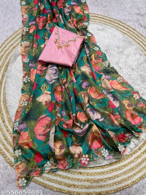 BEAUTIFULL SOFT CHINNON SAREE WITH DIGITAL PRINT AND CUT DANA WORK