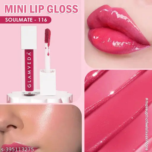 Glamveda X Rashami Desai Mini Serum Infused Lip Gloss | Soulmate - 116 ( Bright Pink Lip Gloss ) For Soft & Dewy Lips, Glossy Finish Enriched With Vitamin E, 1.2ml, Pink Lip Gloss Mini For Indian Ski n Tone