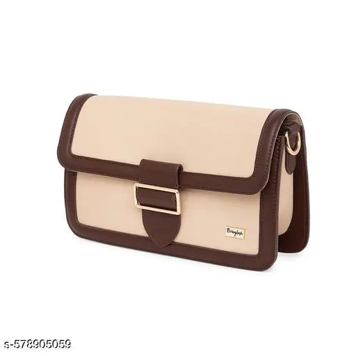 Berrylush Women Solid Brown & Beige Synthetic Leather Detachable Strap Button-Up Embellished Regular Sling Bag
