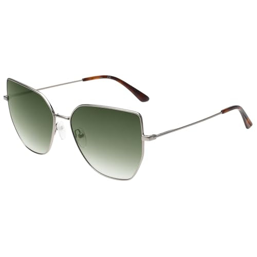 Calvin Klein|Silver Full Frame Cat-eye Sunglasses|100% UV Protected (Uv 400) Green Gradient Faded Lens|Women's|Large|Ck 21129 014 60 S