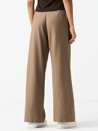 The Souled Store Cotton Linen Pants: Khaki Women and Girls Solid Cotton Linen Blend Wide Leg Mid Rise Four Pocket Lightweight Easy to Style Everyday Office Wear Pants