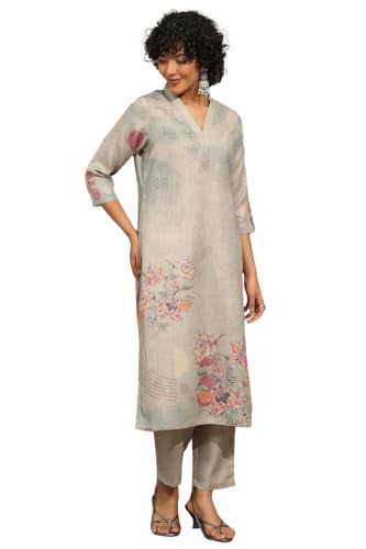 Soch Womens Grey Linen Botanical Printed Kurta Set