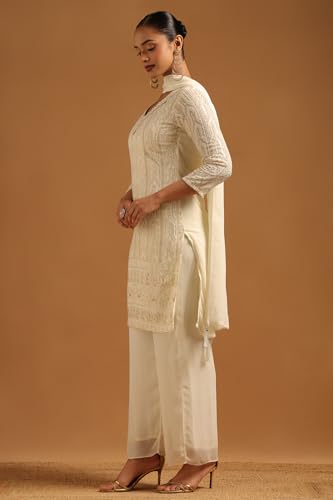Soch Womens Cream Georgette Ethnic Motifs Salwar Suit With Hand Embroidery and Pearl Details