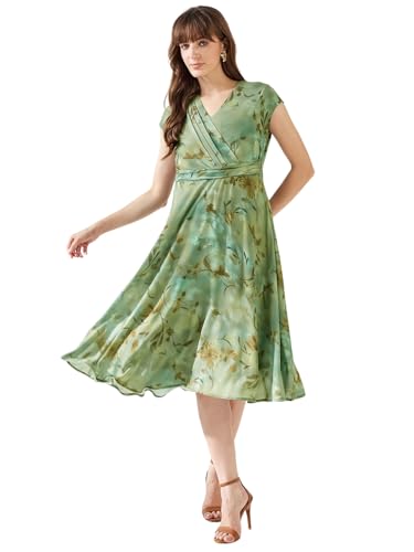 Latin Quarters Women's Green Cap Sleeves V-Neck Printed Casual Midi Dress_XXL