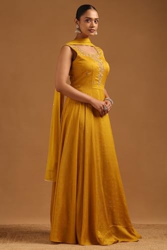 Soch Womens Mustard Vichitra Floral Gown with Cutwork