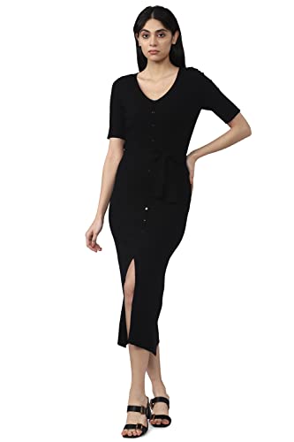 Van Heusen Women's Cotton Classic Calf Length Dress (VWFDFRGFU82233_Black_M)