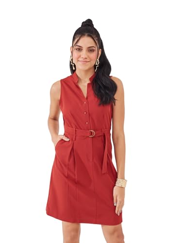 Latin Quarters Women's Rust Solid Sleeveless Mandarin Neck Casual Shirt Dress_L