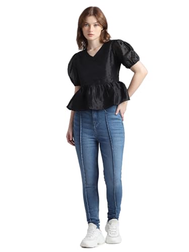 ONLY Women Self Design Cotton Black Peplum Top
