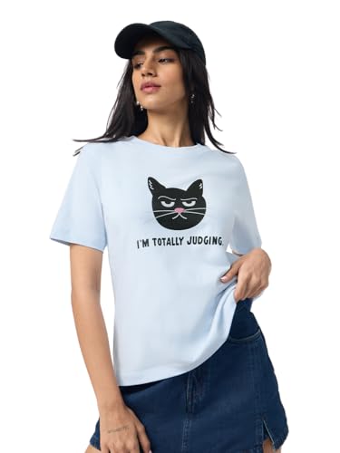 The Souled Store Totally Judging: Women and Girls Short Sleeves Round Neck Light Blue Graphic Printed Cotton Relaxed Fit Breathable Everyday Streetwear T-Shirt