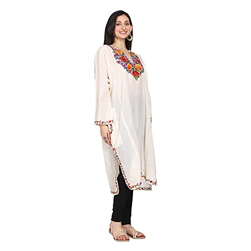 CRAFTBAZAR Kashmiri White phiran with Multi Colour Embroidery 100% Wool Plus Size