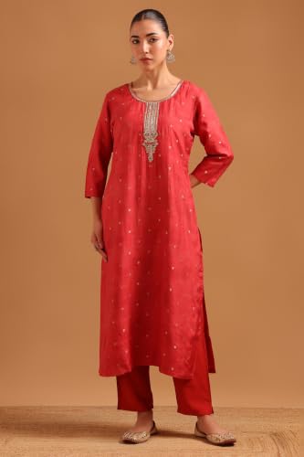 Soch Womens Rust Brocade Botanical Woven Zardosi Salwar Suit