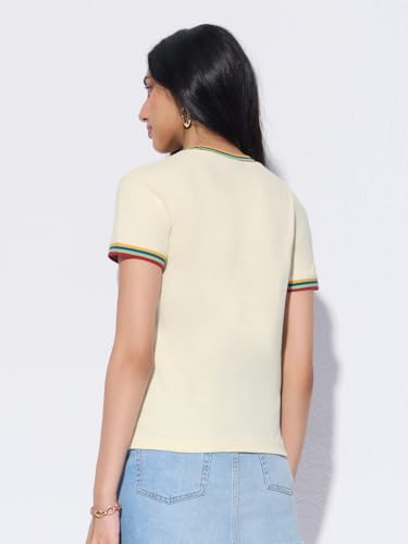 The Souled Store Casual Classics: Foxy Women and Girls Short Sleeves Round Neck Off White Embroidered Cotton Regular Fit Lightweight Everyday Streetwear T-Shirt