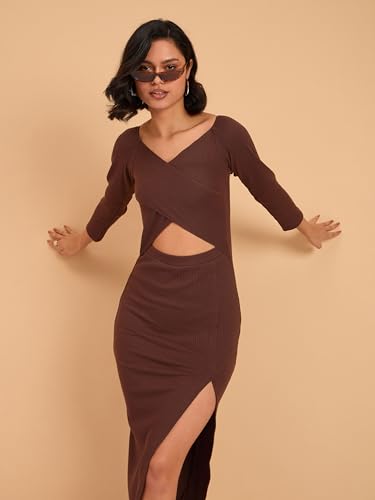 barcino Brown Rib Side Slit Wrap Neck Cut-Out Midi Dress