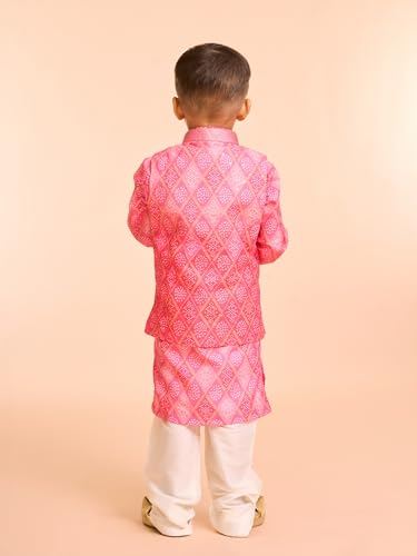 Manyavar Boys Cotton Blend Bandhani Print Kurta Jacket Set (Pink,5-6Y)