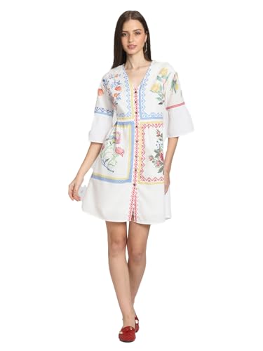SHAYE White V-Neck Floral Print Three-Quarter Sleeves Casual Dresses for Women