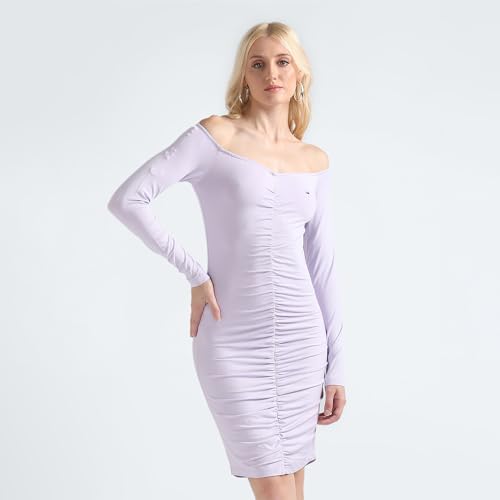 Tommy Hilfiger Viscose Purple Solid Off Shoulder Full Sleeve Women Off-Shoulder Gathering Dress (S)