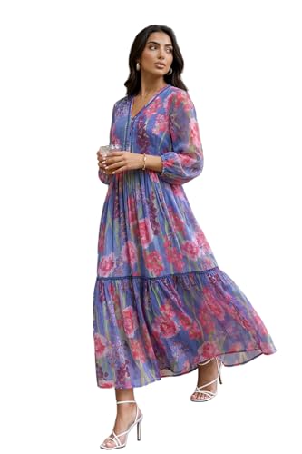 W for Woman Blue Floral Printed Chiffon Flared Dress - (W13789-125340-L)