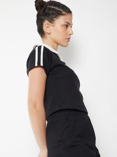 Max Women Striped Johnny Collar T-Shirt (Black_XL)