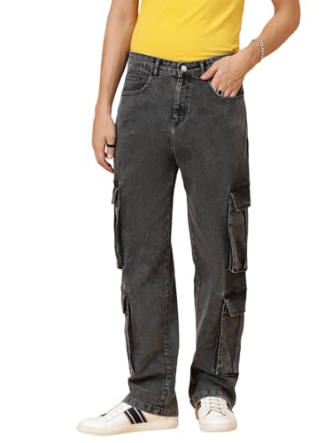 KOTTY Men's Solid Mid Rise Straight Fit Stylish Looking Cargo Jeans(Grey,30)