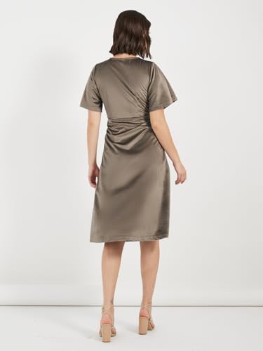 Styli Women Olive Green Solid V-Neck A-Line Midi Dress | Elegant Wrap Style | Short Extended Sleeves | Flared Hemline | Perfect for Casual & Semi-Formal Occasions