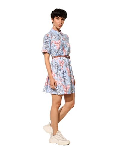 ONLY Women Fit and Flare Blue Dress with Belt