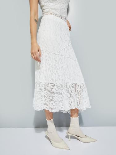 Max Women Lace A-line Midi Skirt(Off White_S)