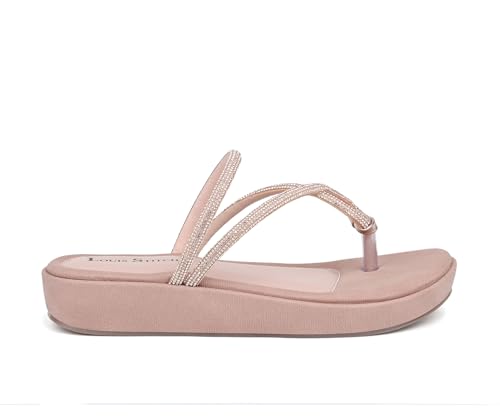 LOUIS STITCH Women’s Slip-On Platform Heel T-Strap Sandals | Open Toe Stylish Peach Pink Wedge Heel Sandal for Ladies, Fashionable and Comfortable Sandal | LSOF-LDPS-GLCSNU | UK-7